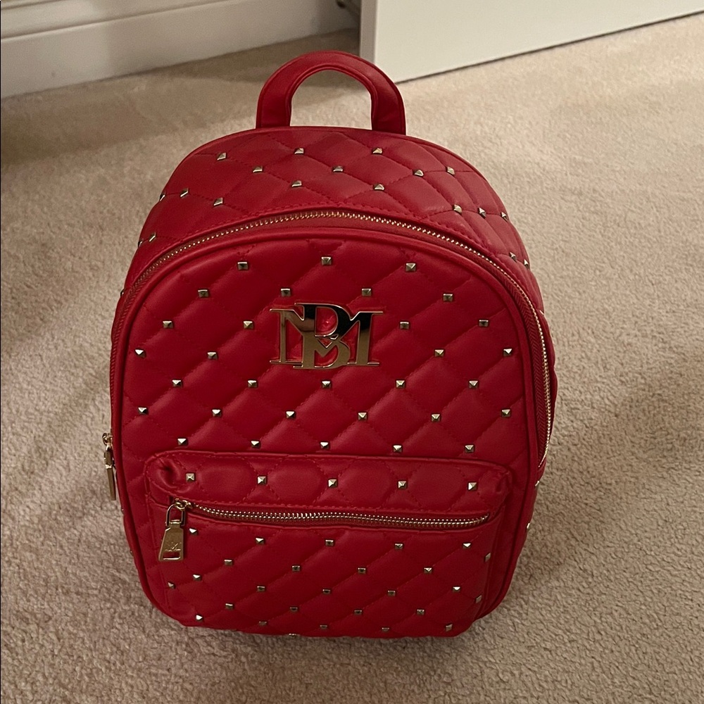 Badgley Mischka Red Quilted Backpack with Gold Accent Studs NWOT